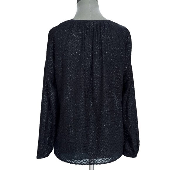 Michael Kors Black Fuzzy Sparkle Textured Blouse S/M Bow Front Long Sleeve EXC - Picture 5 of 7